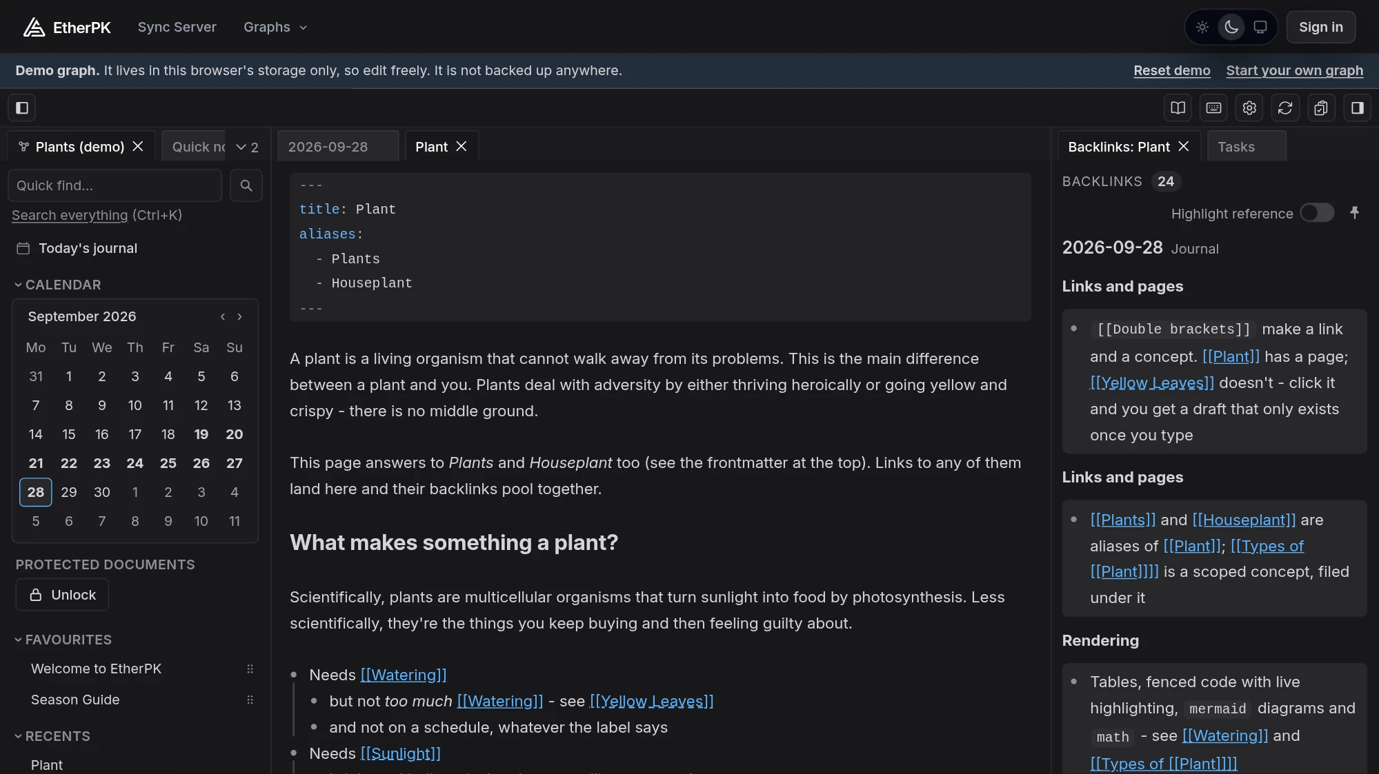 The EtherPK editor in the dark theme, showing the demo graph's Plant page with its frontmatter, the Backlinks pane listing the journal entries that link to it, and the sidebar's calendar, favourites and recents.